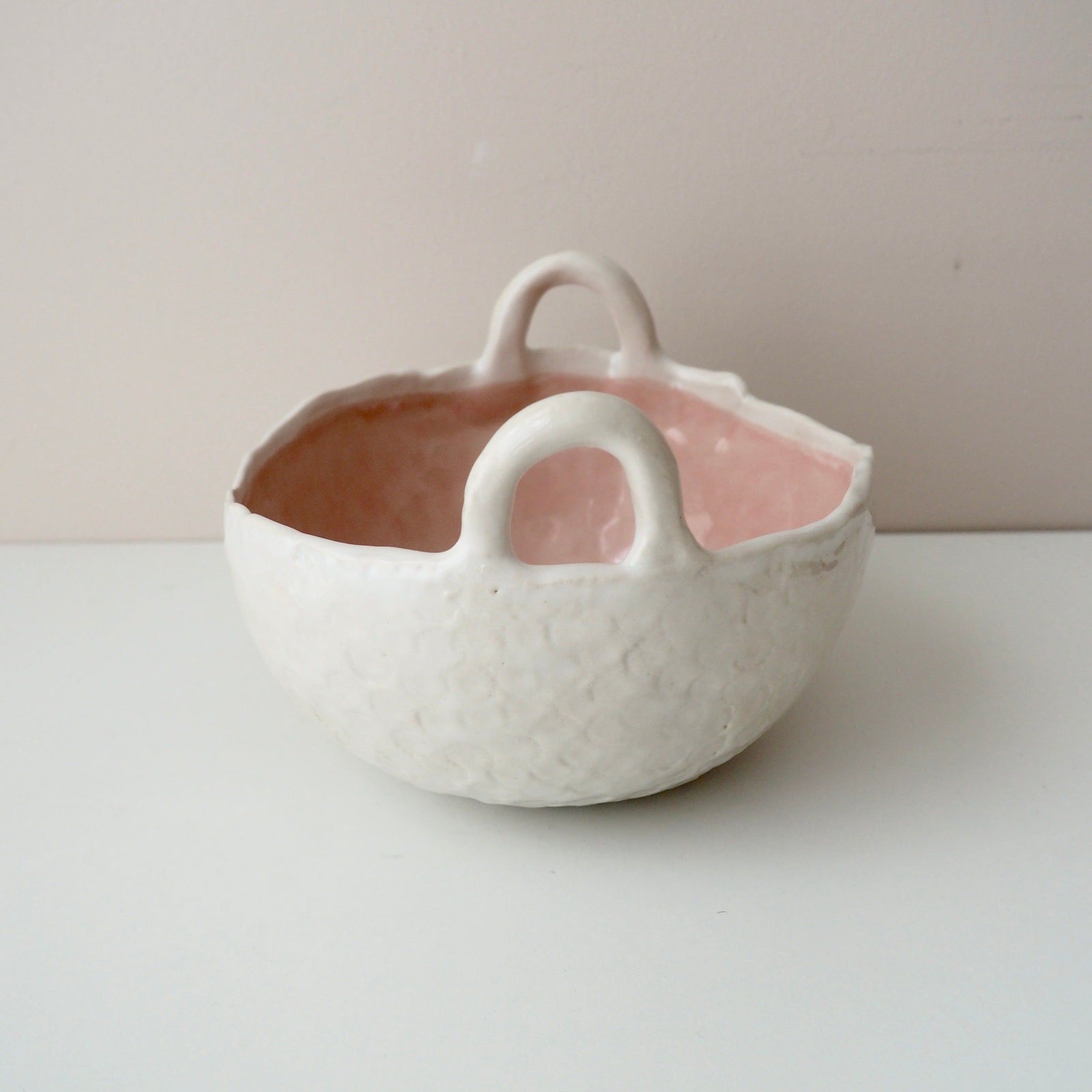 Handmade Pastel Pink and White Ceramic Bowl with Handles