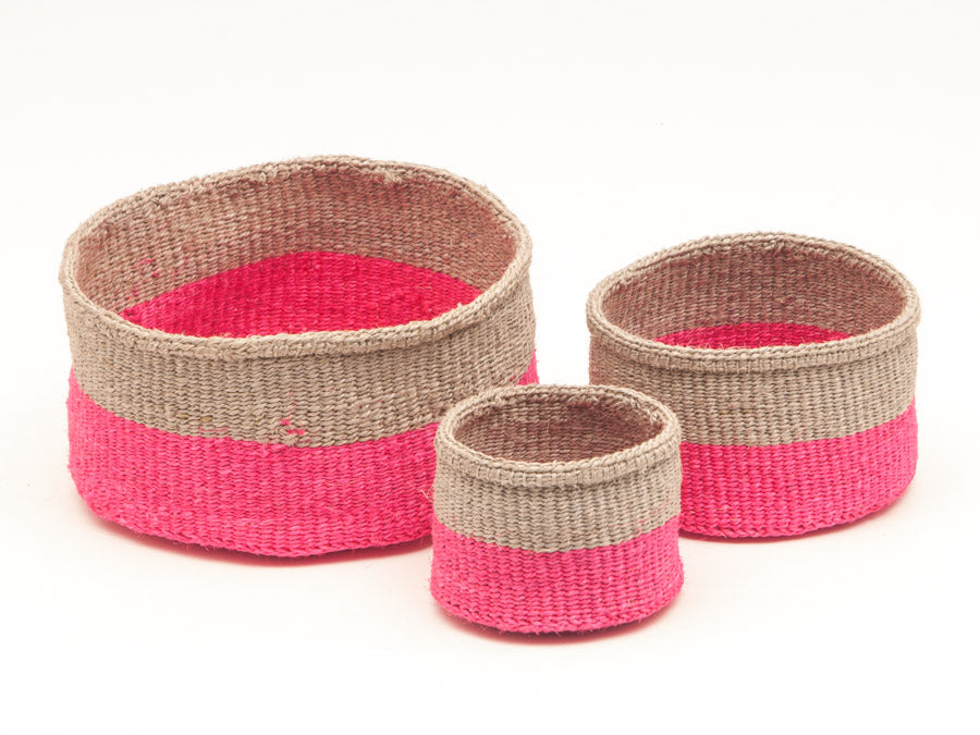 MALIZA: Grey & Neon Pink Colour Block Woven Basket
