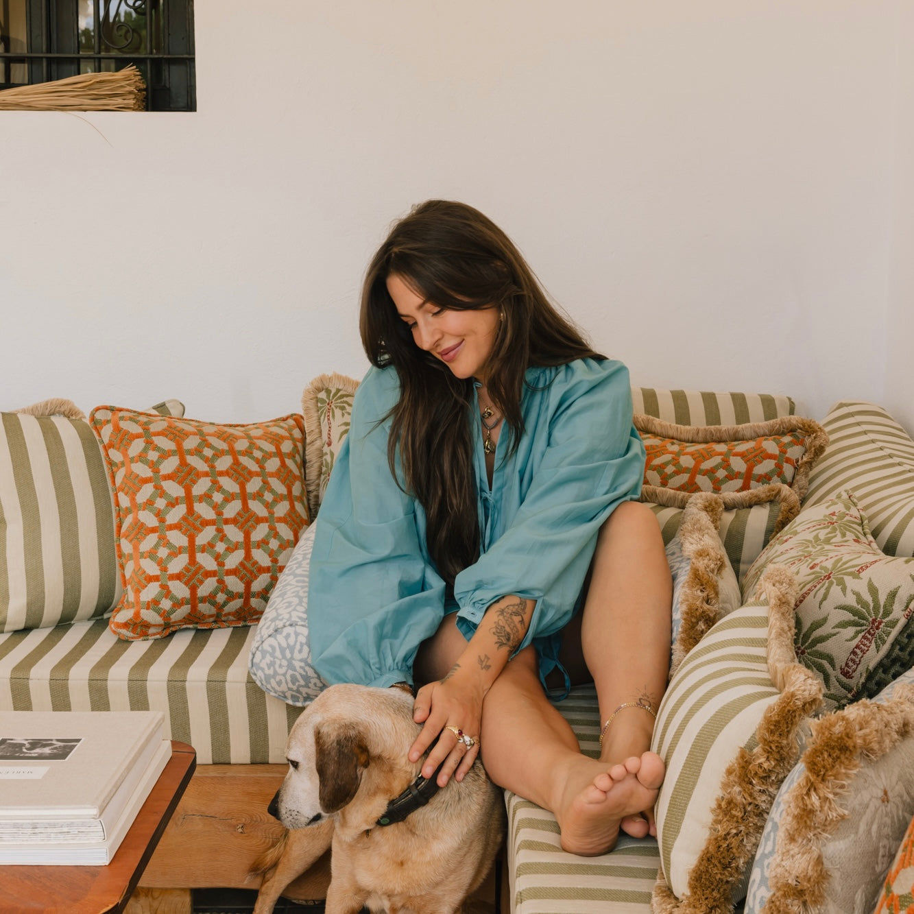 Double sided cushion Jackie Olive & Ecru x Rosita Olive & Rose