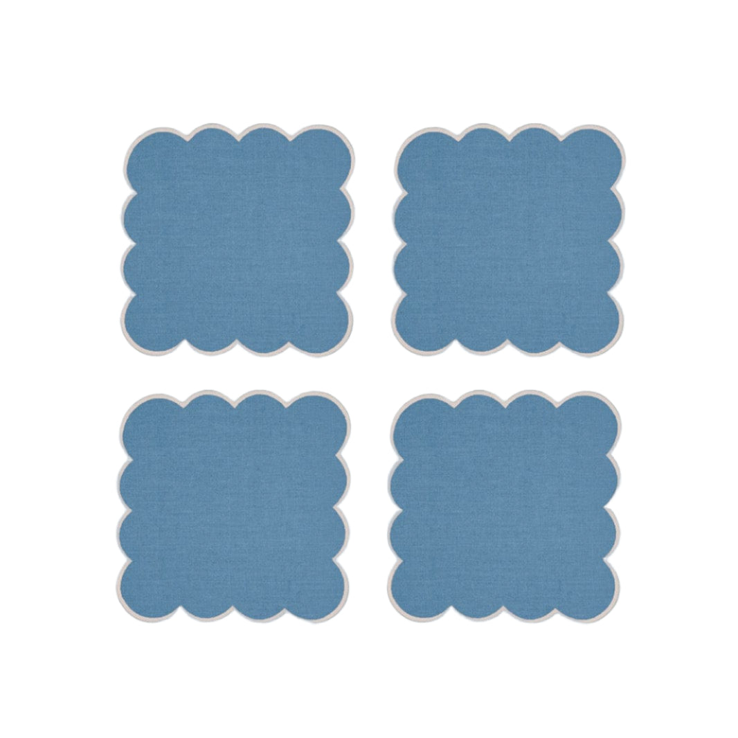 Zero-Waste Scalloped Linen Cocktail Napkins Poppy Blue - Set of 4