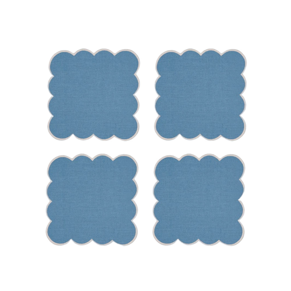 Zero-Waste Scalloped Linen Cocktail Napkins Poppy Blue - Set of 4