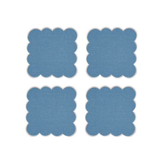 Zero-Waste Scalloped Linen Cocktail Napkins Poppy Blue - Set of 4