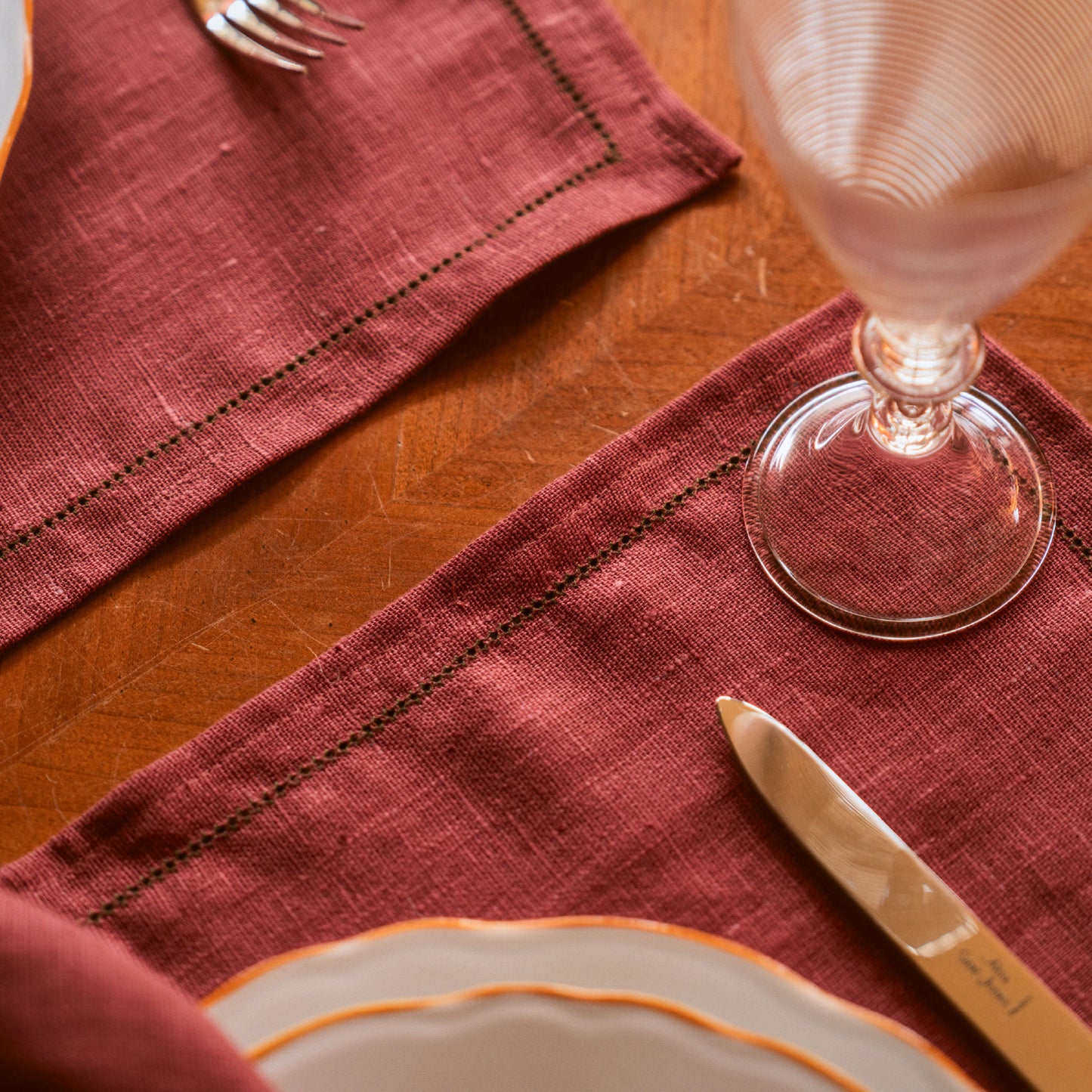 Set of Marsala Placemats with Fern Green Hemstitch
