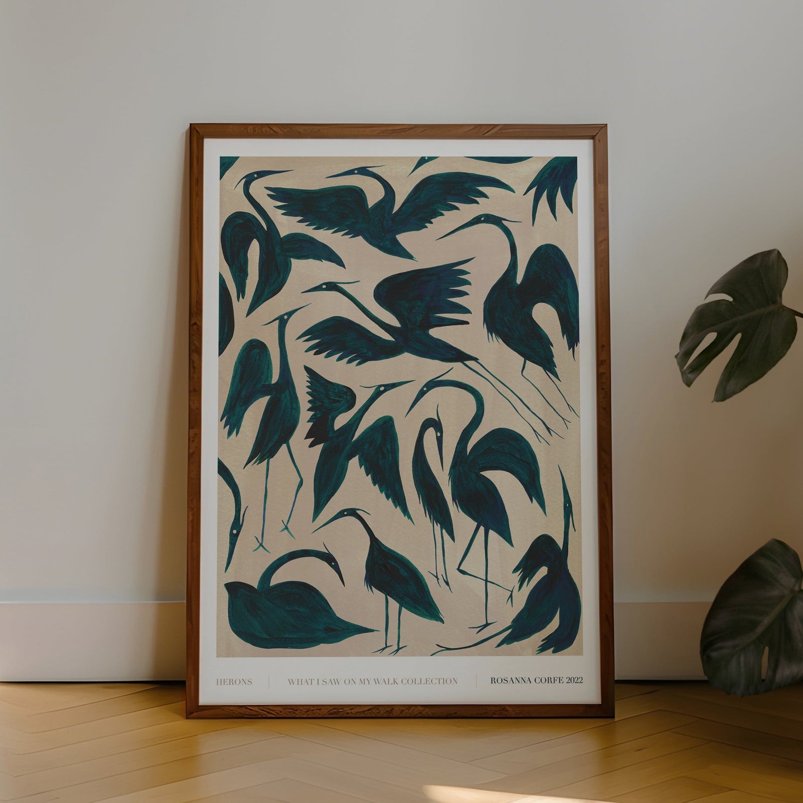 A4 - 'Herons' Bird Print, Dark Teal