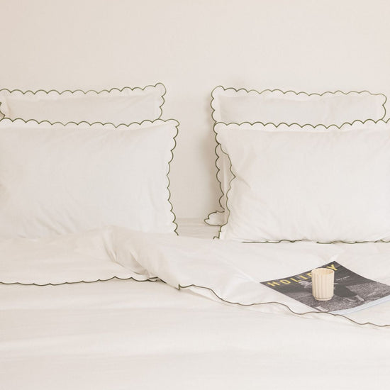 The Scalloped Bedding Set in White and Forest Green Cotton Percale