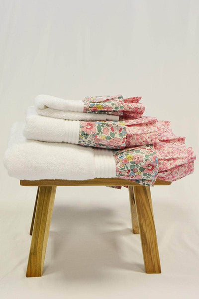 Ruffle Edge Towel Made With Liberty Fabric Betsy Blossom Pink & Mitsi Valeria