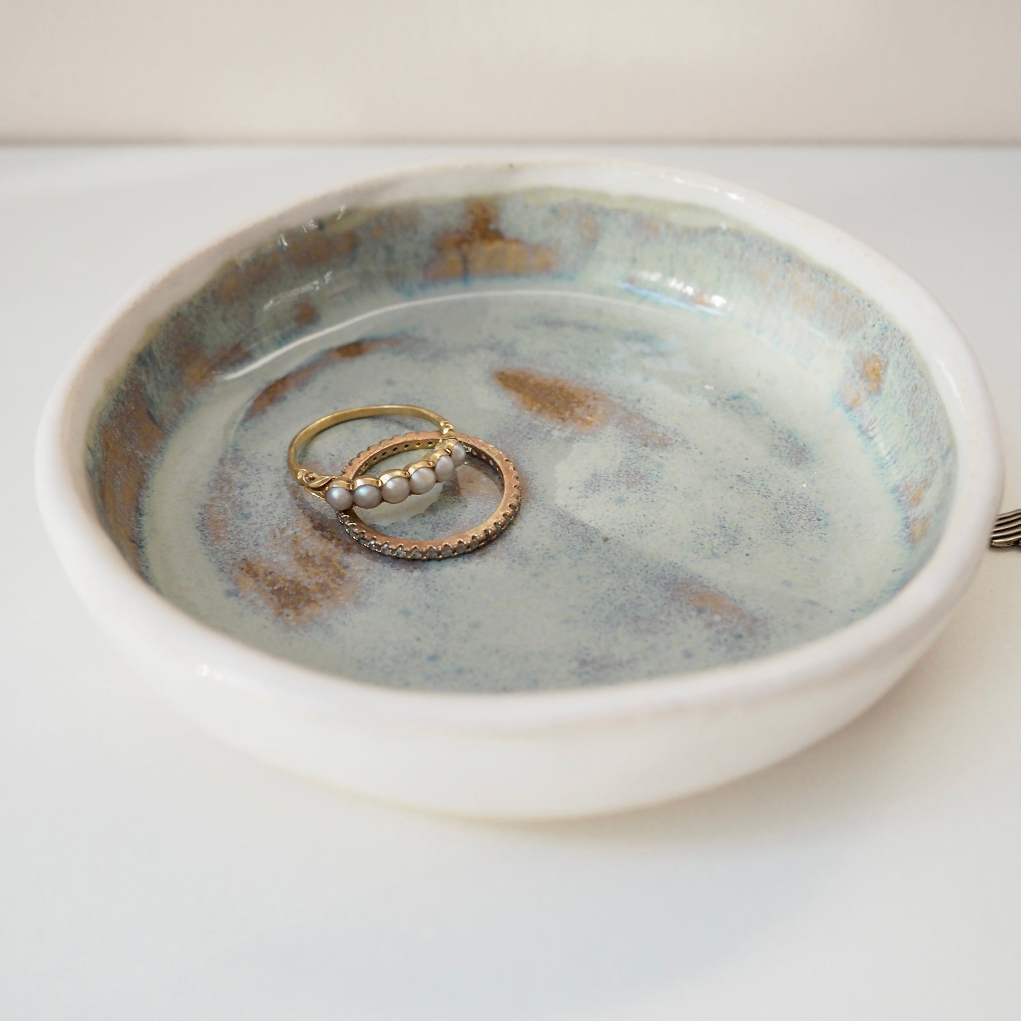 Handmade Blue/Brown Flat Ceramic Ring Dish