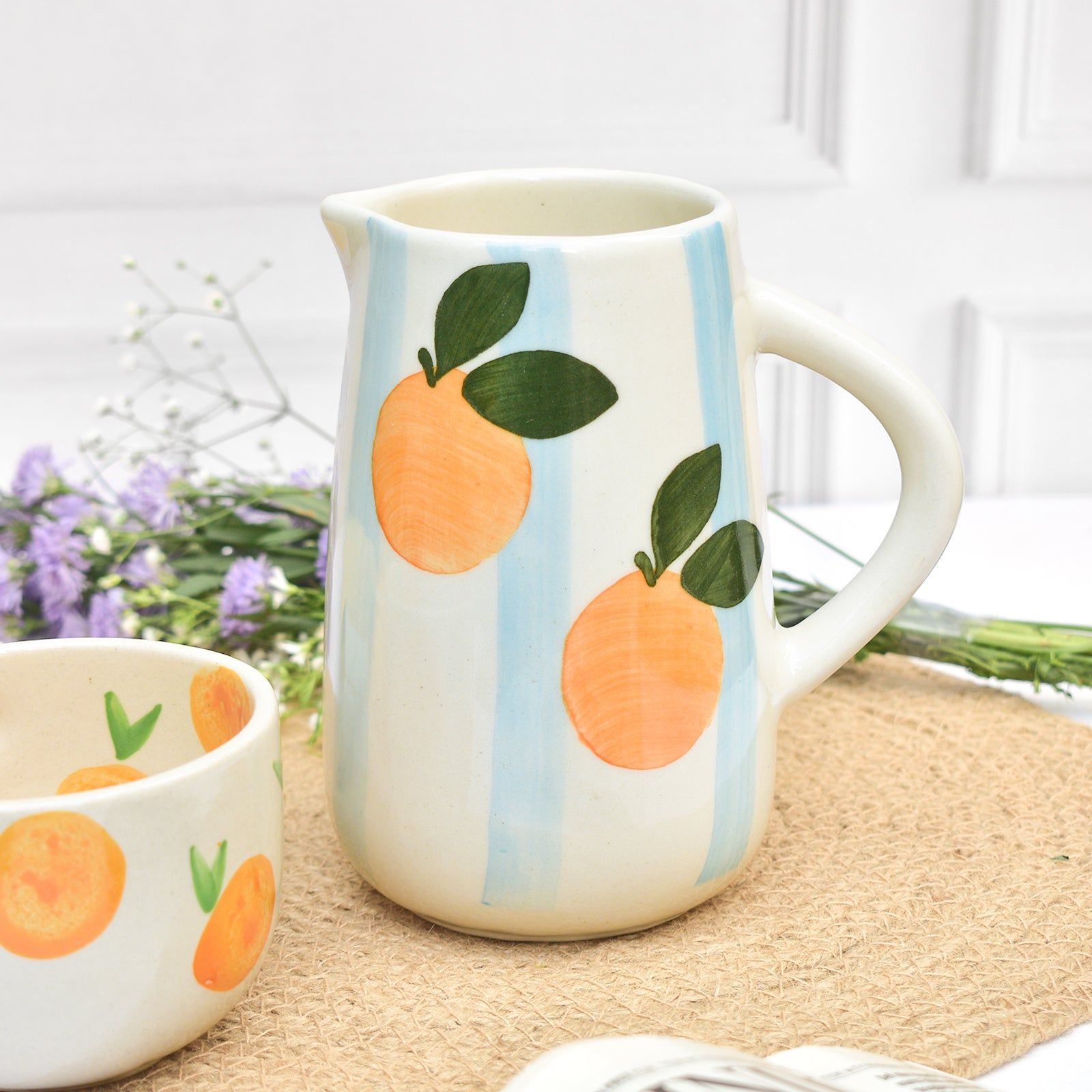 Blue Striped Orange Ceramic Pitcher , 8 x 3.5 Inches (Set of 2)