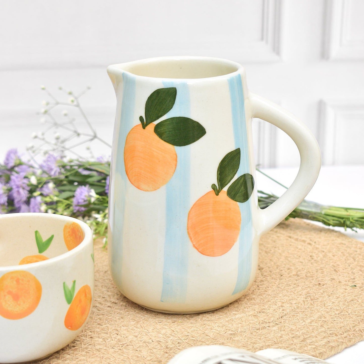 Blue Striped Orange Ceramic Pitcher , 8 x 3.5 Inches (Set of 2)