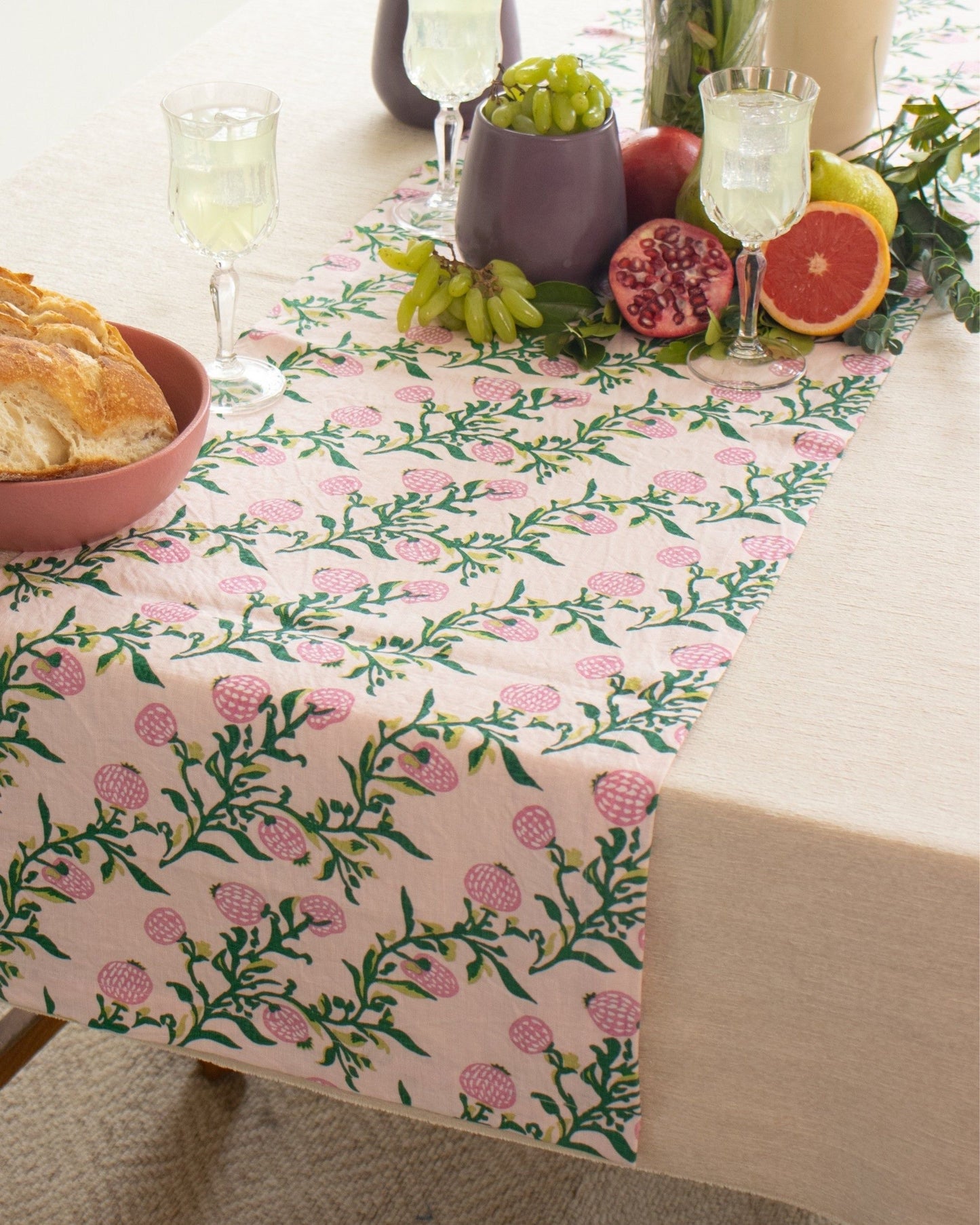 Rasa - Pure Linen Hand-Printed Table Runner - Pastel Pink