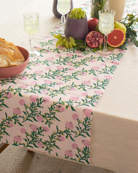 Rasa - Pure Linen Hand-Printed Table Runner - Pastel Pink
