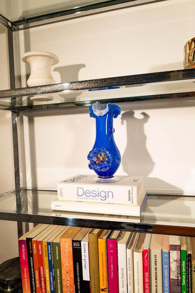 Vintage Ruffled Navy Blue Art Glass Vase