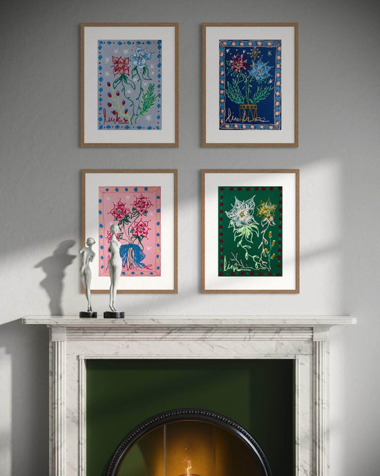 Blue Florals on Dark Green Background I Original Painting A3