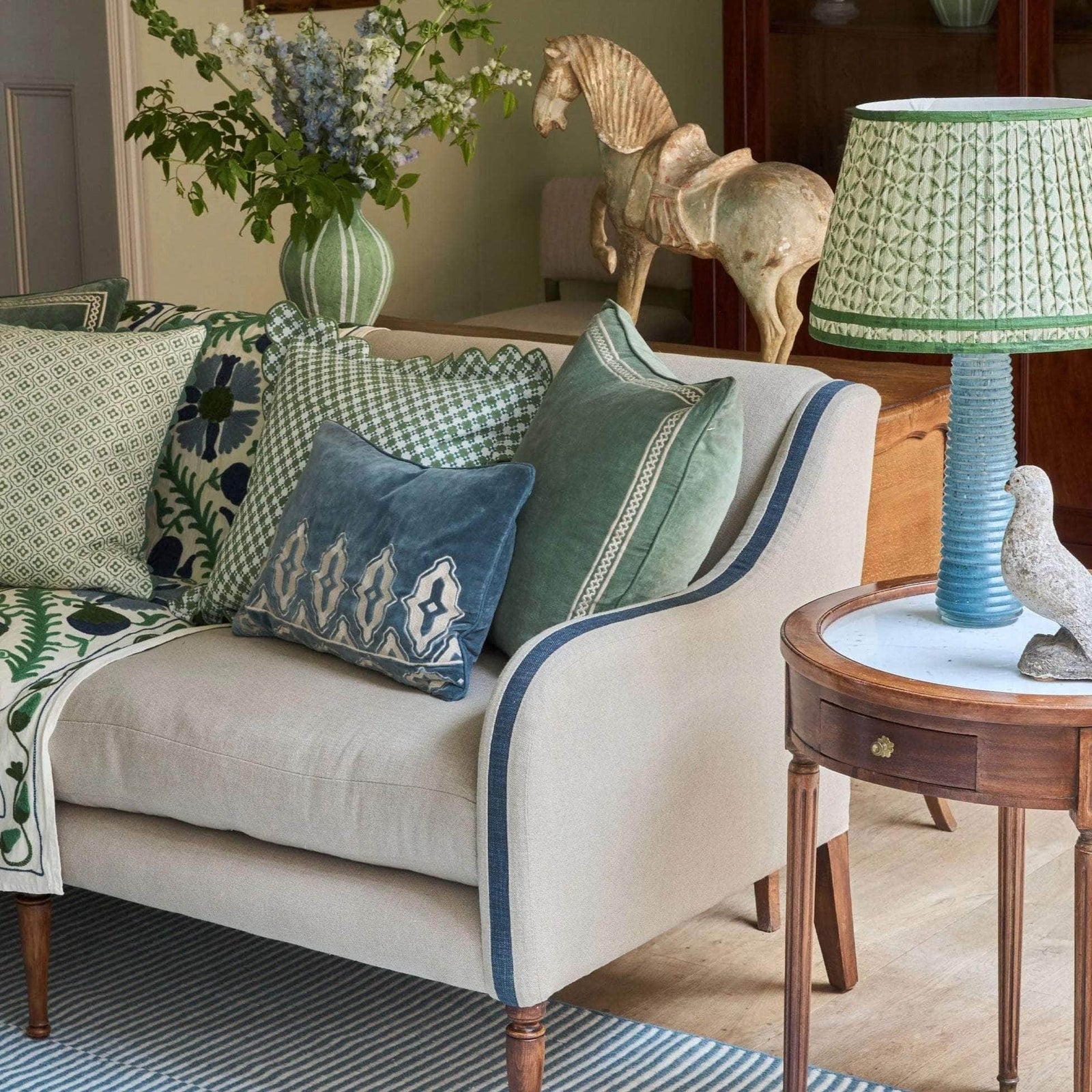 Tara Embroidered Velvet Cushion - Chambray Blue