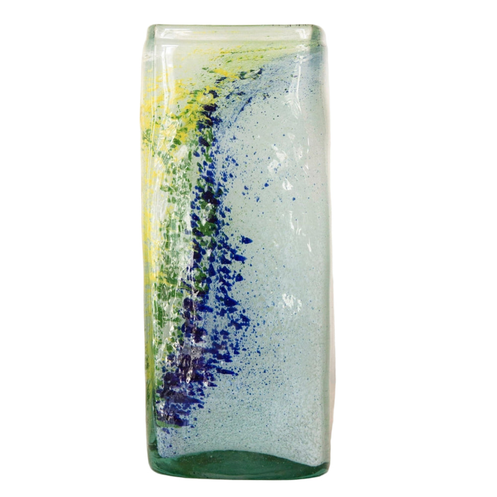 Blown Glass Tall Rectangular Vase, Green, Blue and White, Large