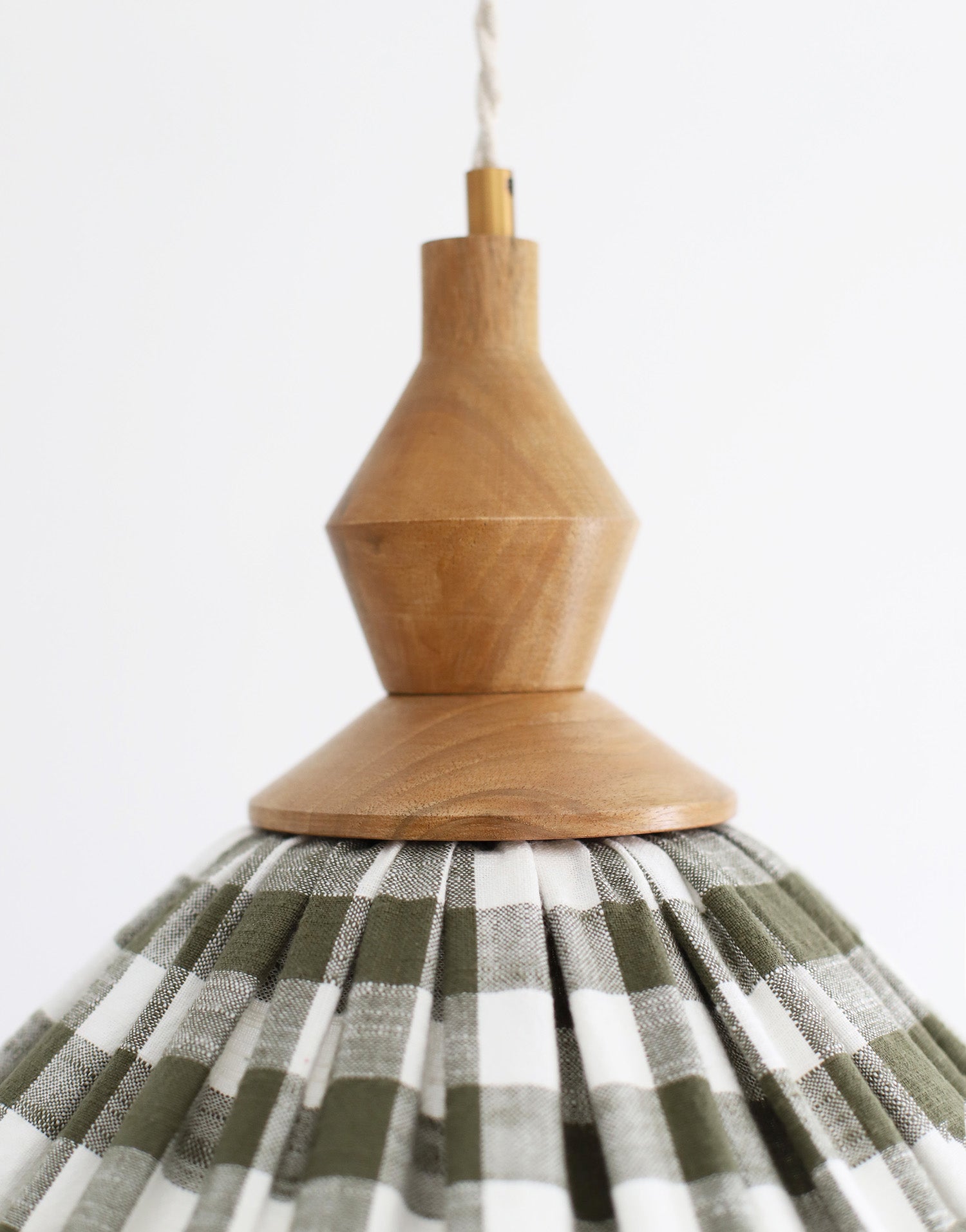 Olga Pleated Pendant Light in Khaki Check Fabric with Turned Wood Finish