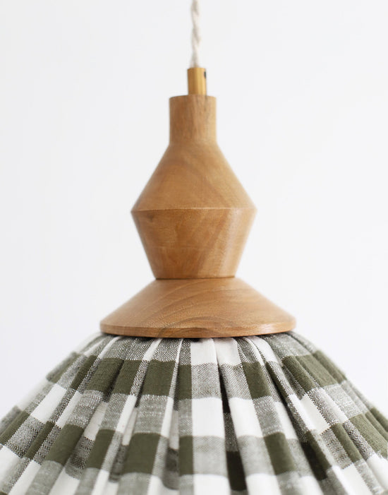 Olga Pleated Pendant Light in Khaki Check Fabric with Turned Wood Finish