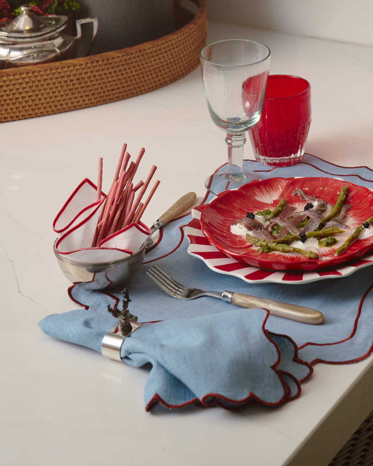 Wavy Napkin, Sky Blue with Burgundy