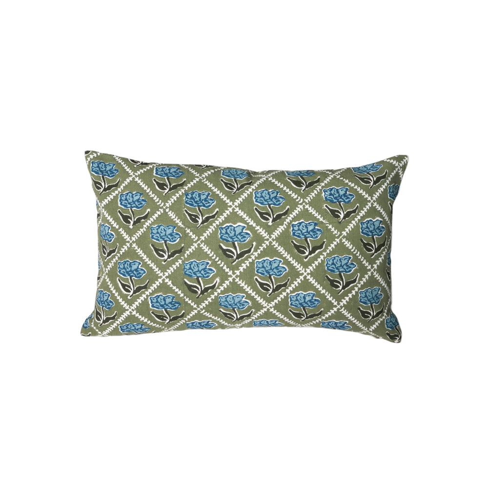 Noor Lumbar Throw Pillow Cover - Olive & Blue