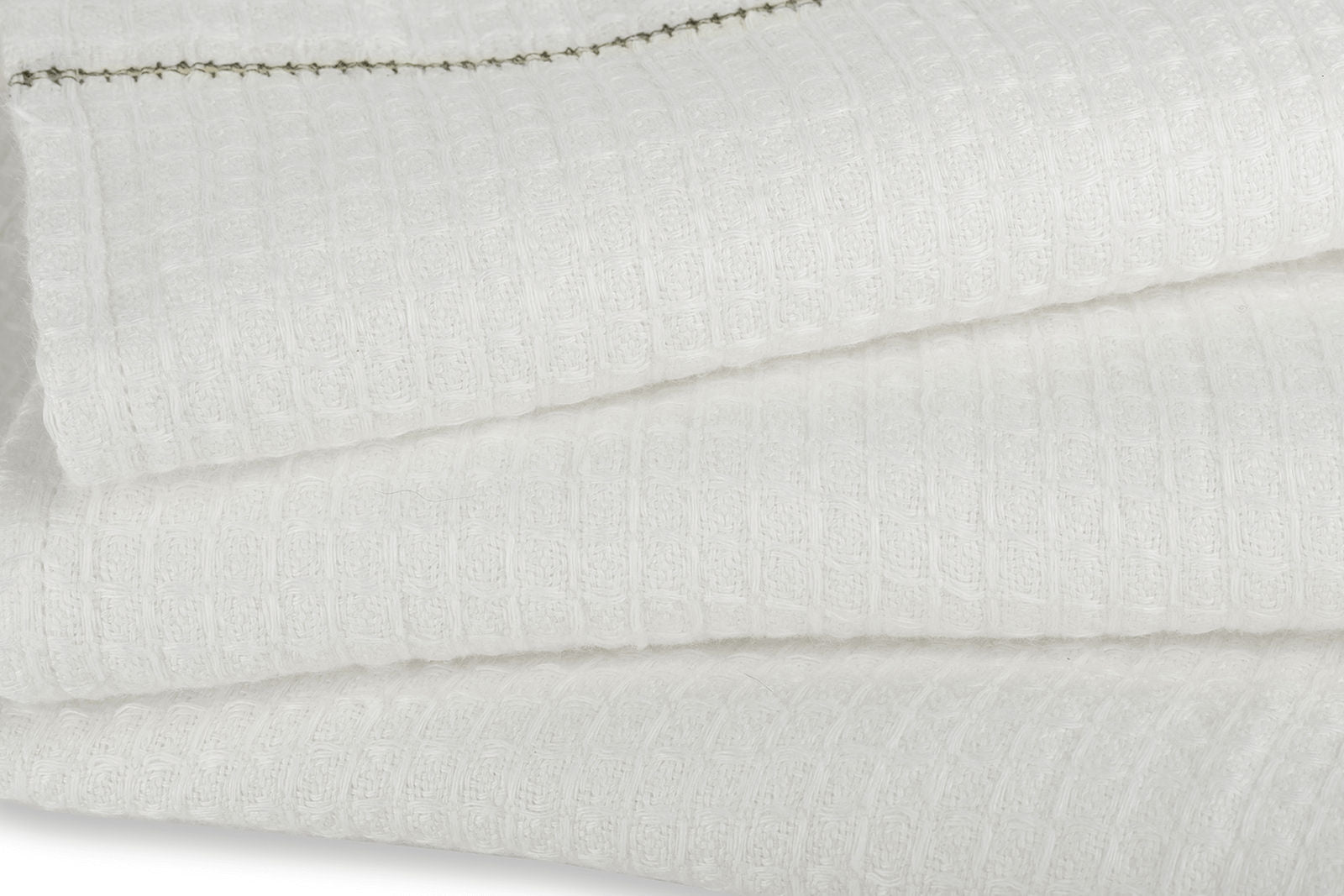 Personalised Liège Hand Towel in Ivory White Waffle with Olive Green Hemstitch