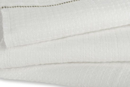 Personalised Liège Hand Towel in Ivory White Waffle with Olive Green Hemstitch