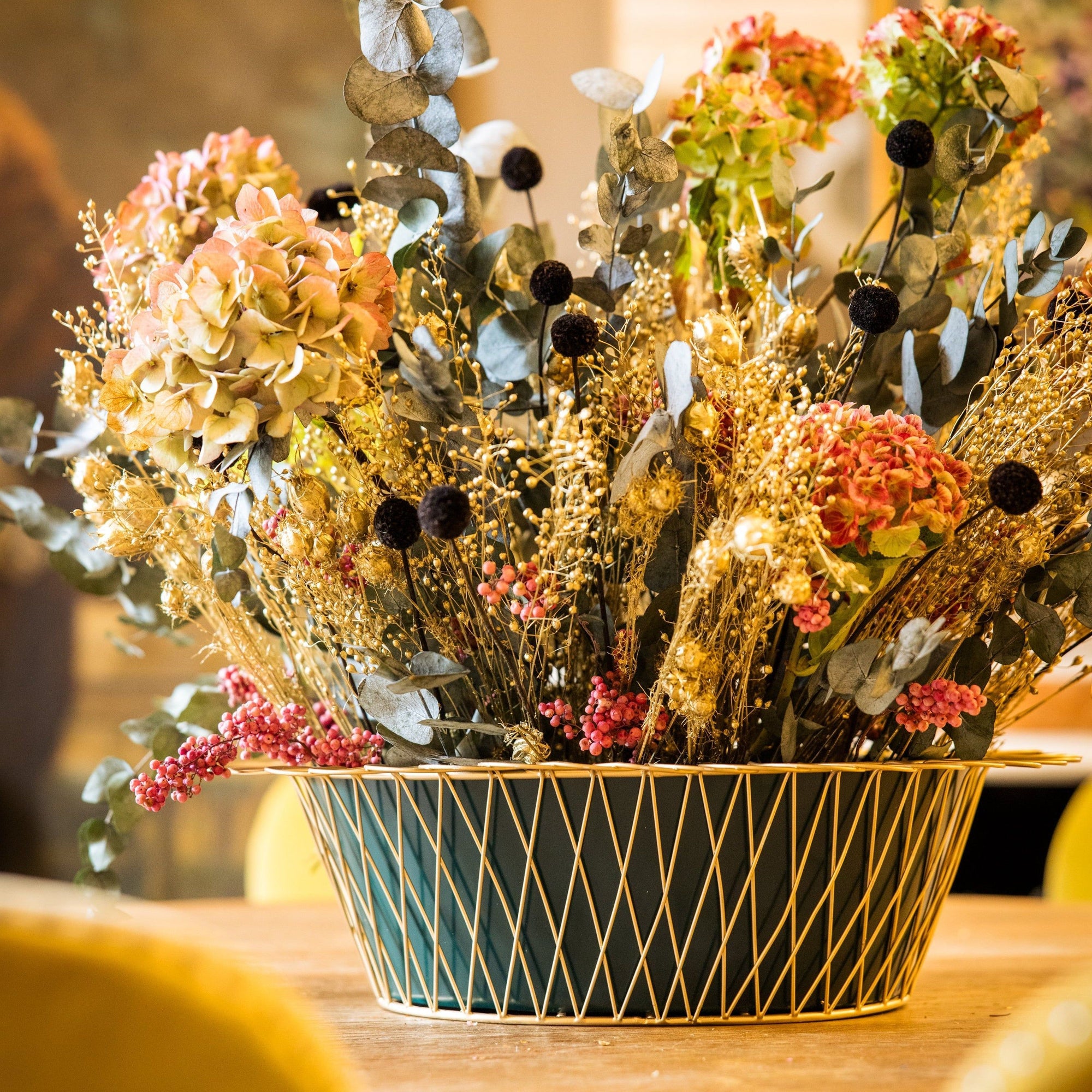 Wire Basket Planter | Forest Green & Gold