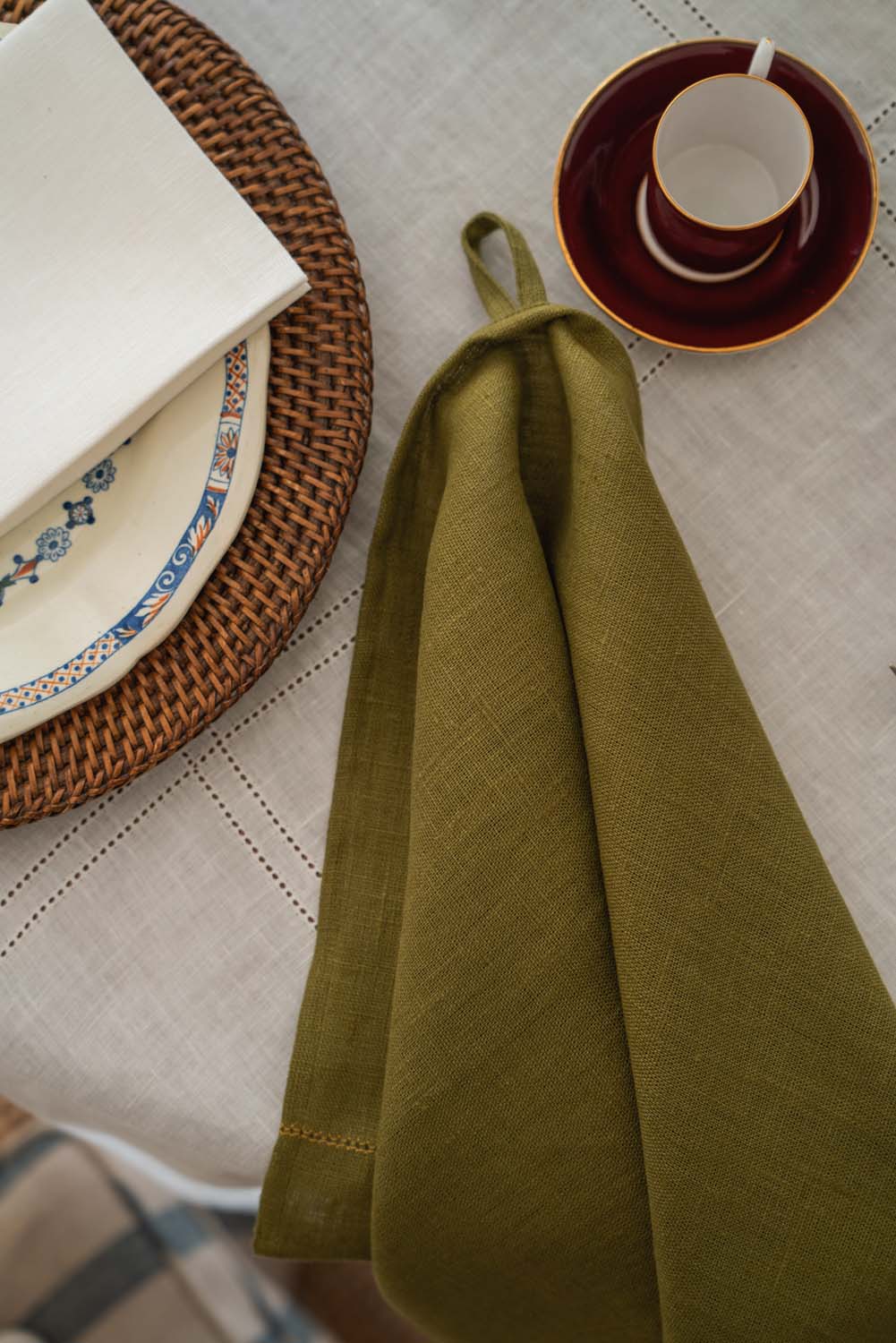 Fern Green Hand Towel with Ochre Hemstitch