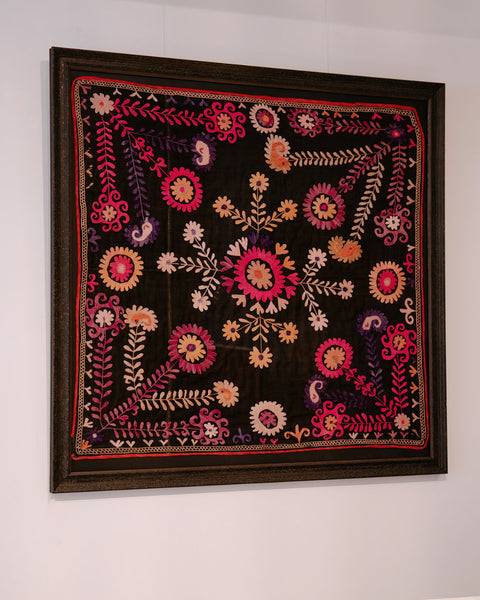 Framed Vintage Medium Black and Pink Suzani