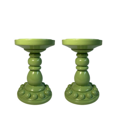 Pair of Light Green Bobbin Candle Holders (Medium)
