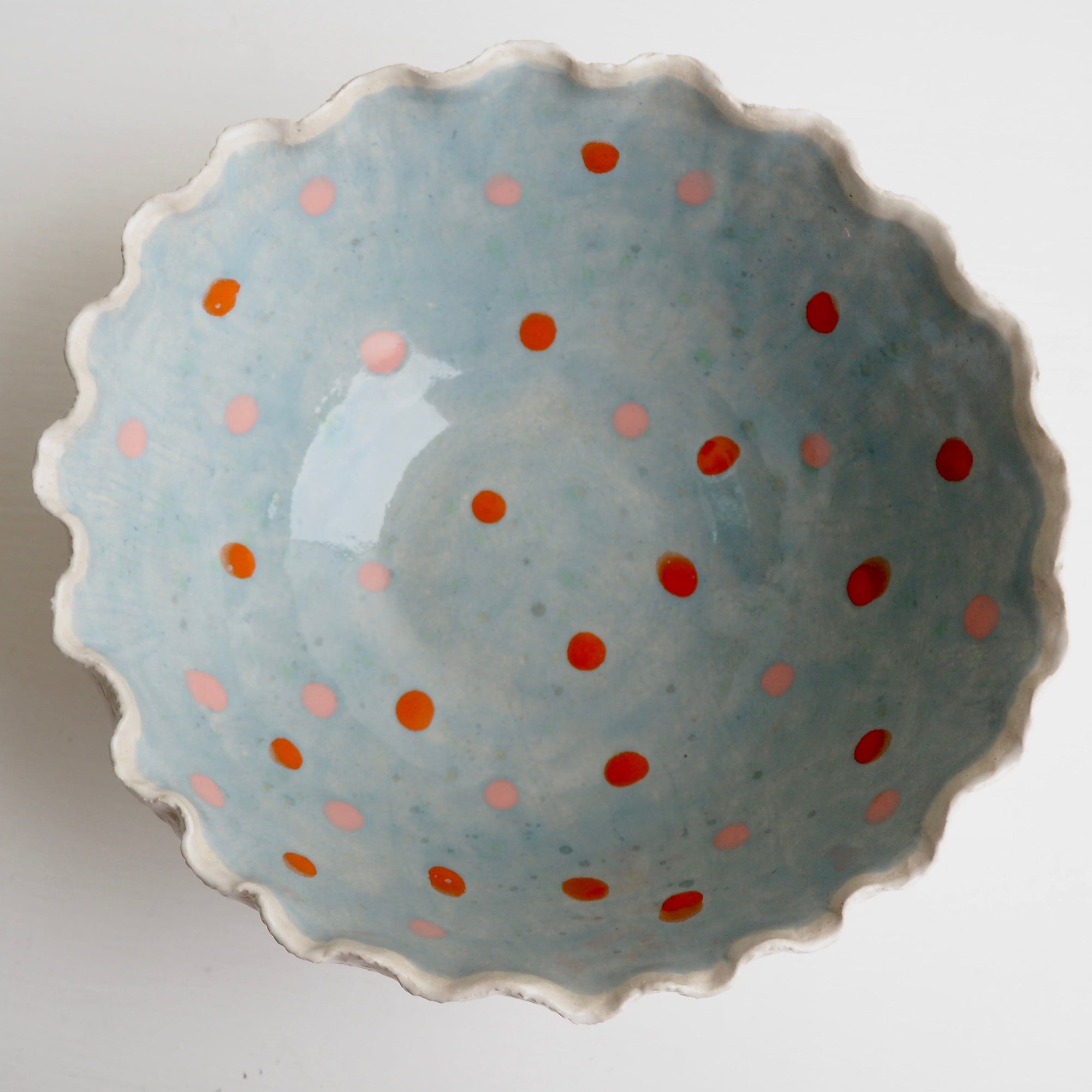 Handmade Blue & White Textural Ceramic Fruit Bowl with orange & pink polka dots