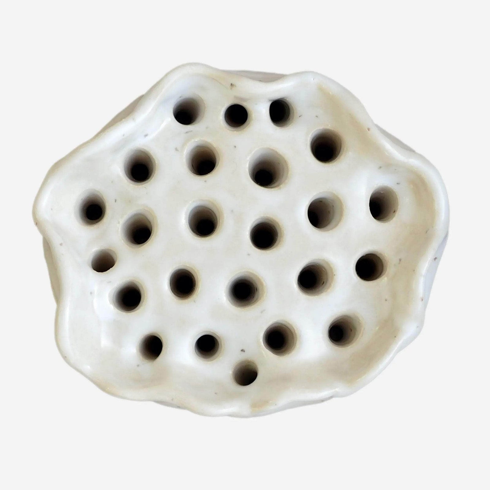 Large White Speckled Curvy Ceramic Flower Frog