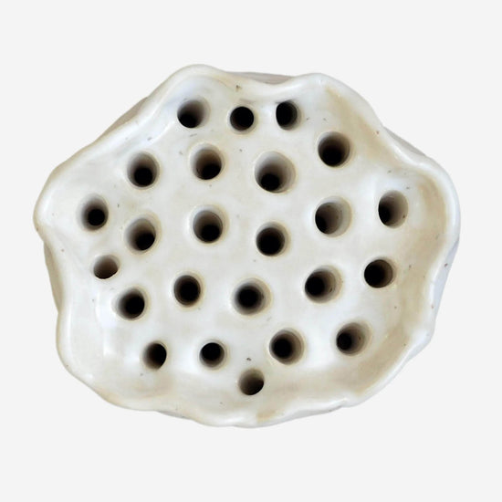 Large White Speckled Curvy Ceramic Flower Frog