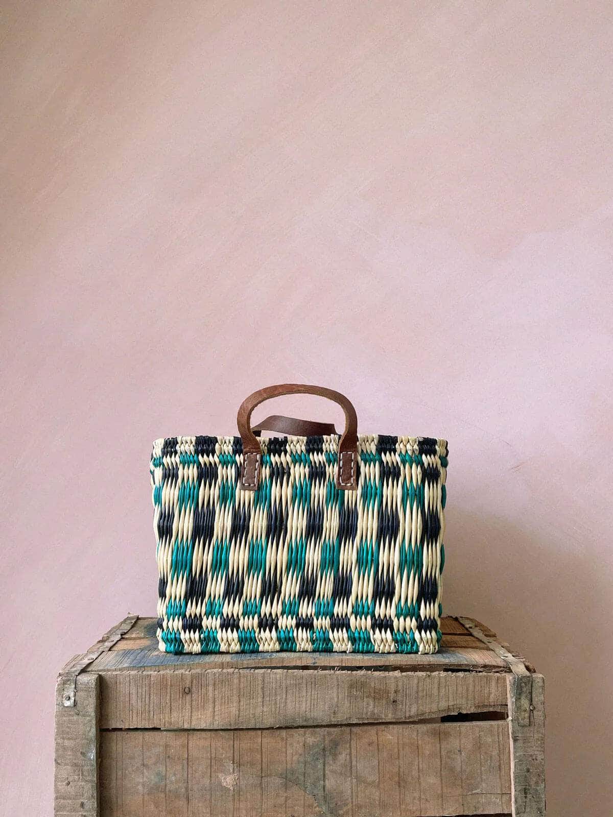 Chequered Reed Basket - Indigo + Green