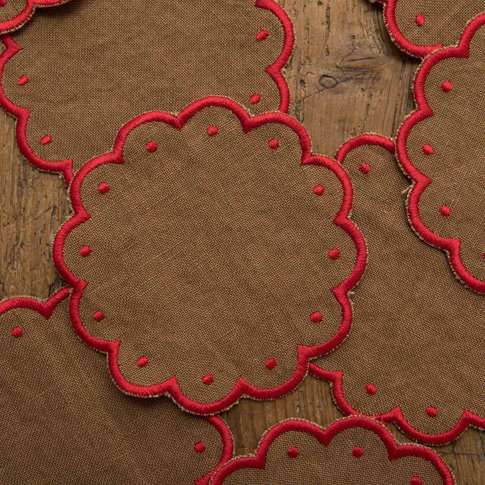 Set of 12 Wavy Cocktail Napkins with Dots - Brown / Red