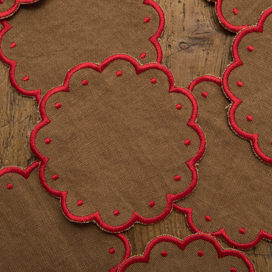 Set of 12 Wavy Cocktail Napkins with Dots - Brown / Red