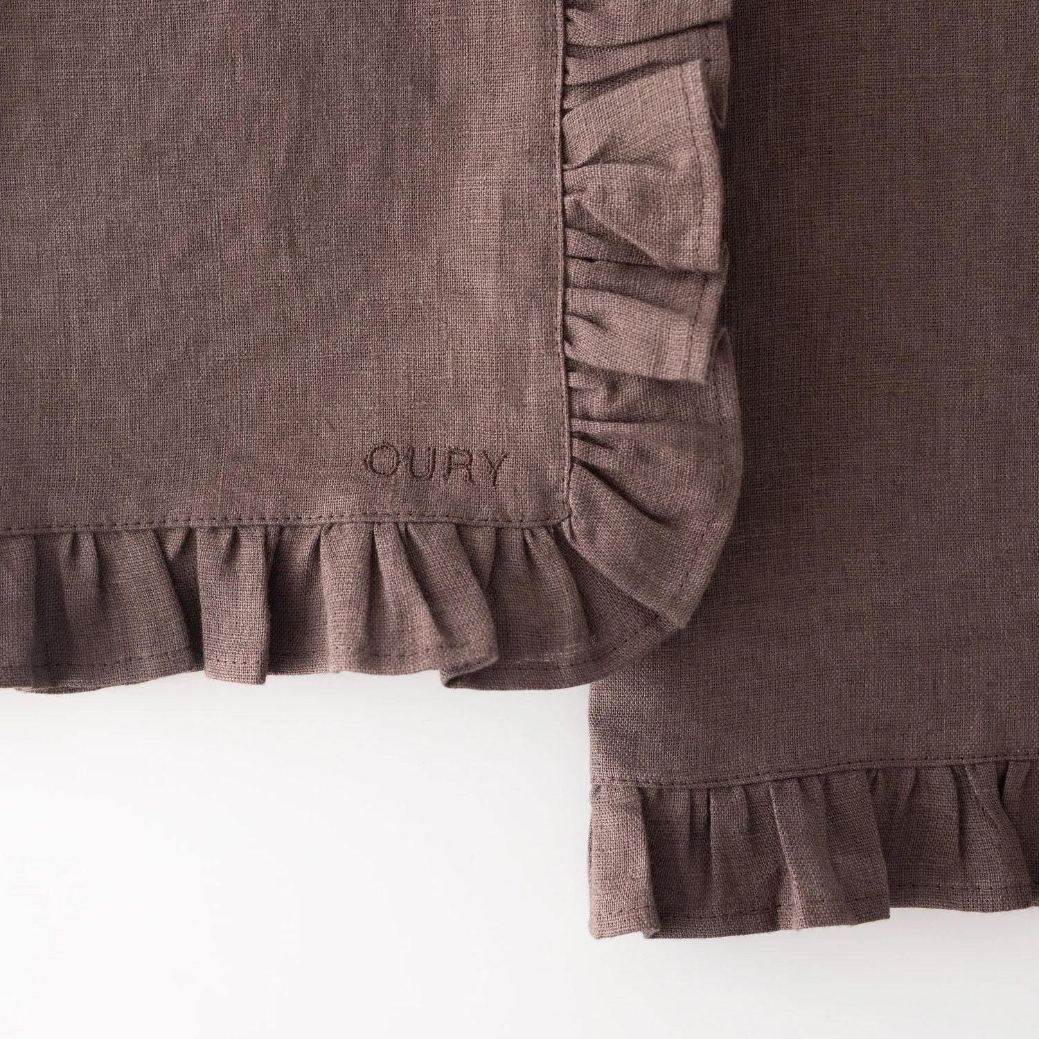 Brown Ruffled Linen Placemats with Embroidery – Set of 2