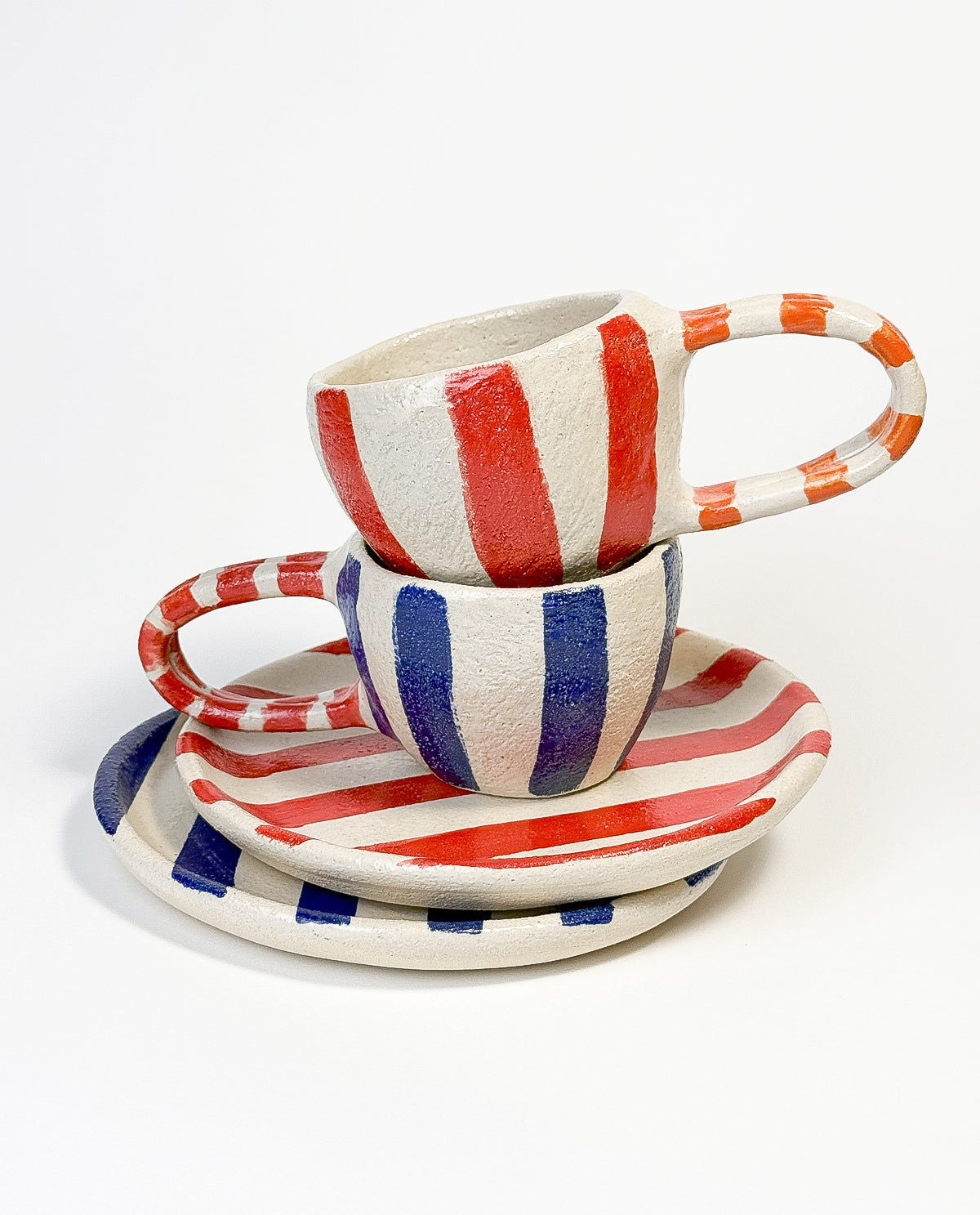Stripe mugs with round plate SET of 2
