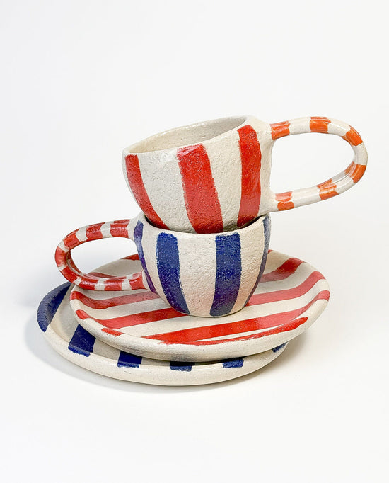 Stripe mugs with round plate SET of 2