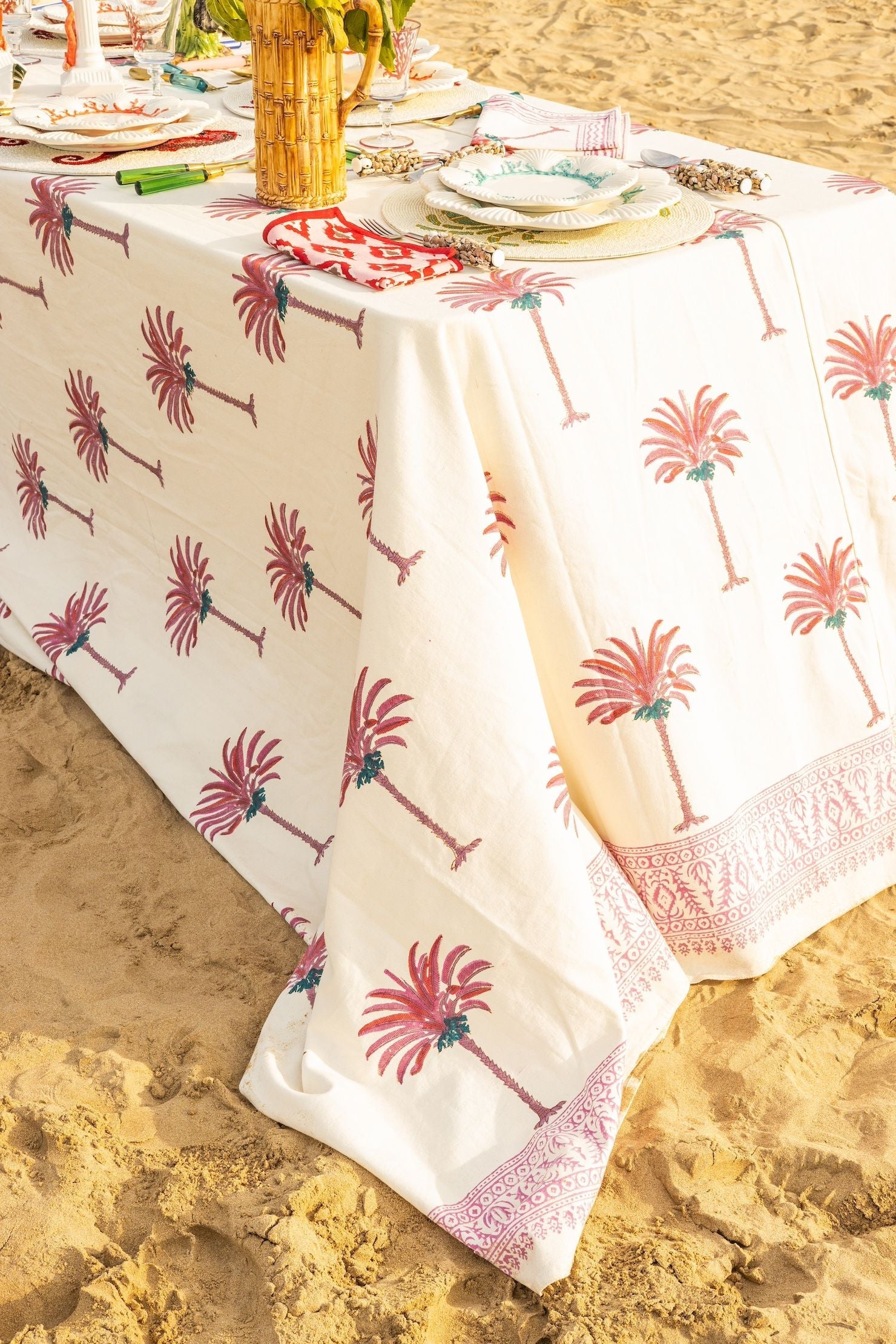 Hand-Printed Palm Cotton Tablecloth