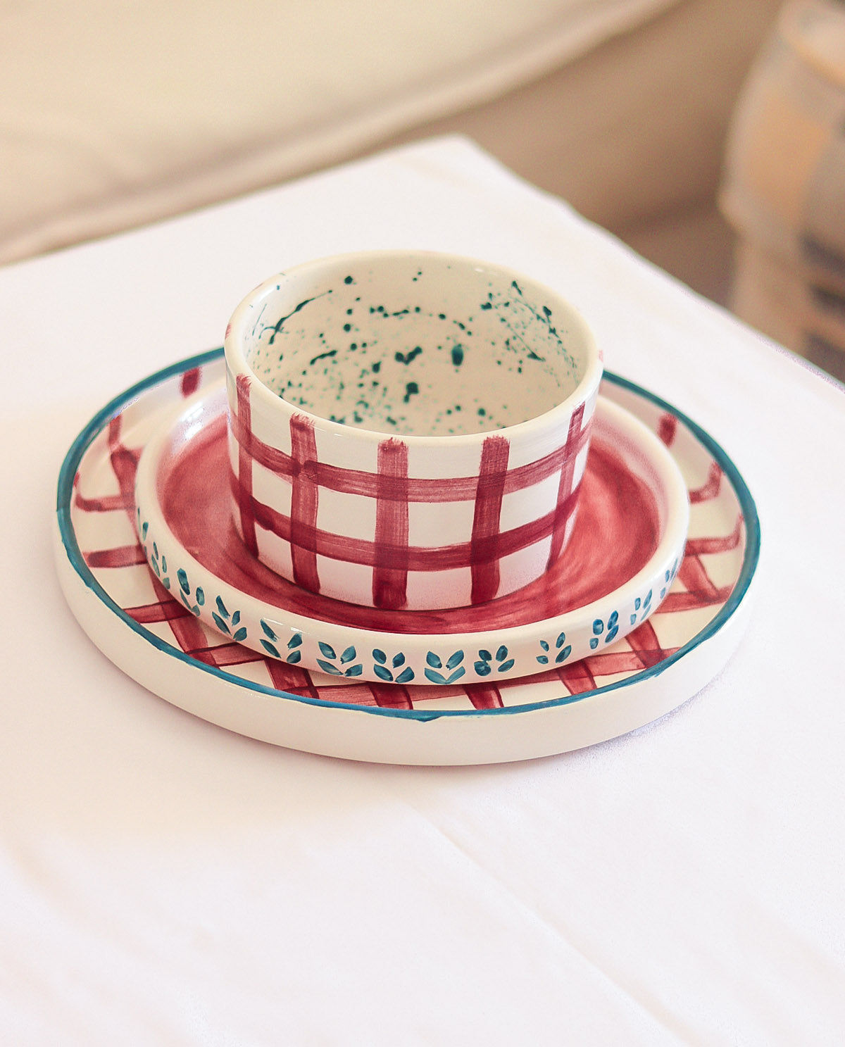 Purple Plaid Handmade Ceramic Soup Bowl