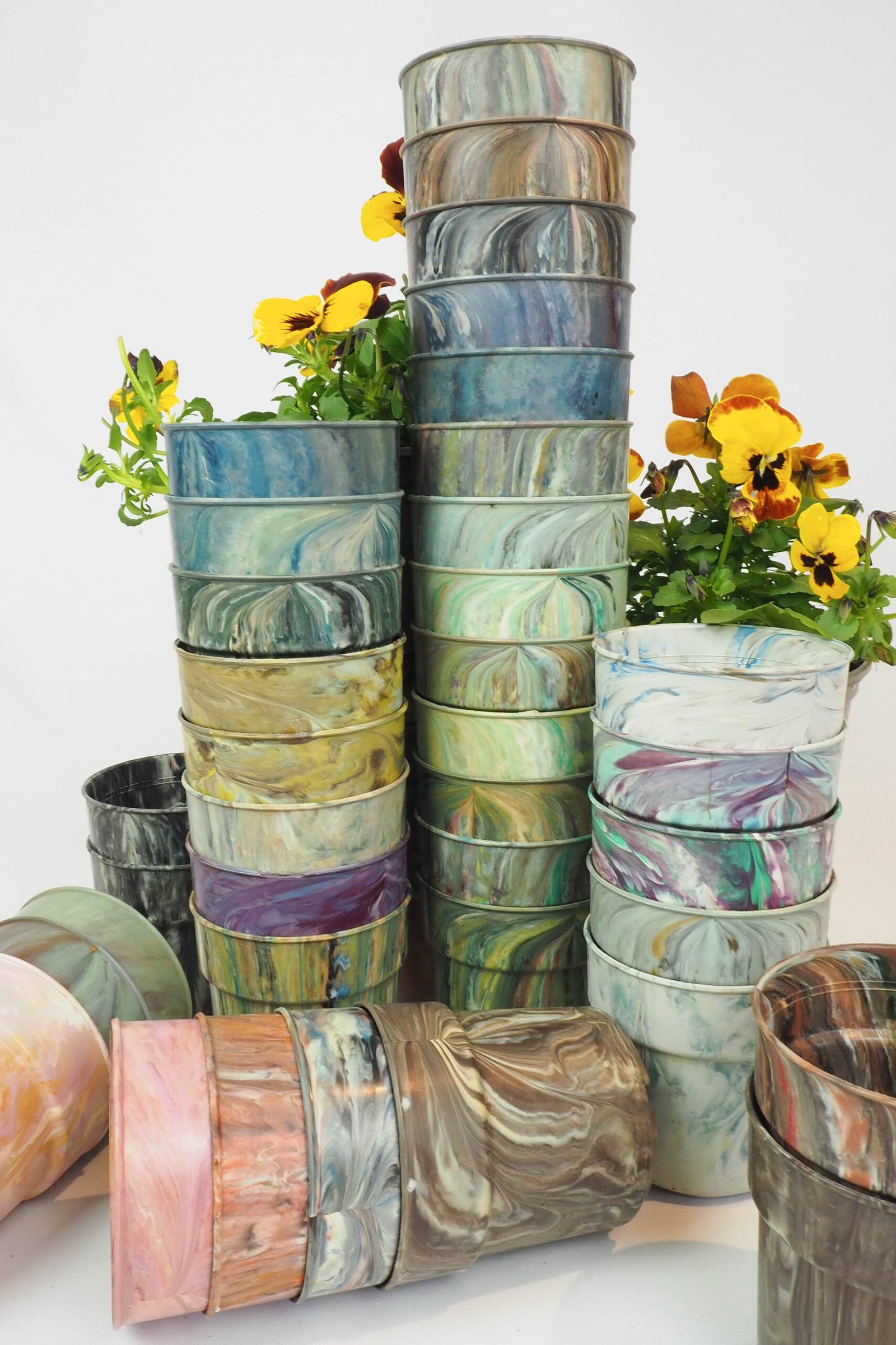 3 Vintage Marbled Plant Pots