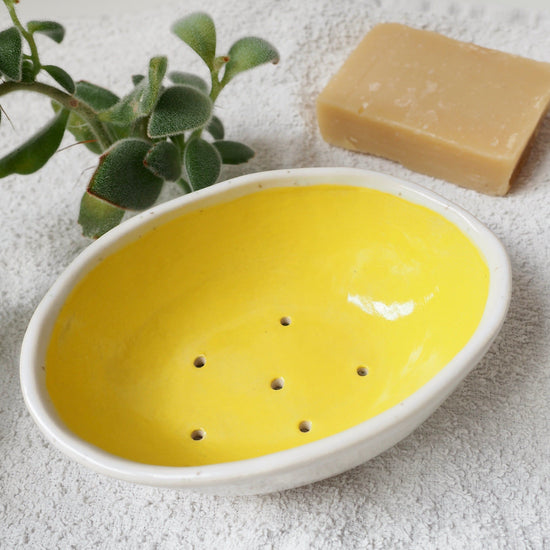 Handmade Yellow Speckled Oval Pottery Soap Dish