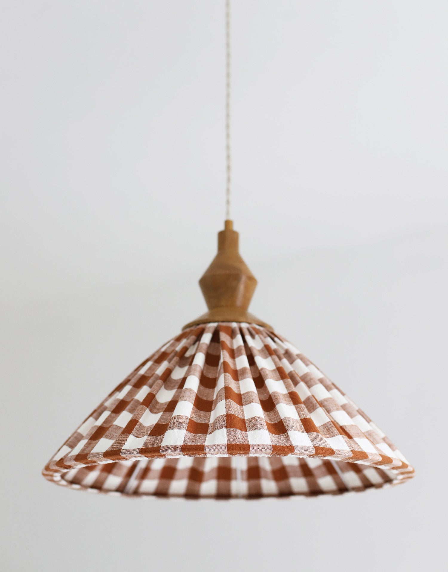 Olga Pleated Pendant Light in Terracotta Check Fabric with Turned Wood Finish