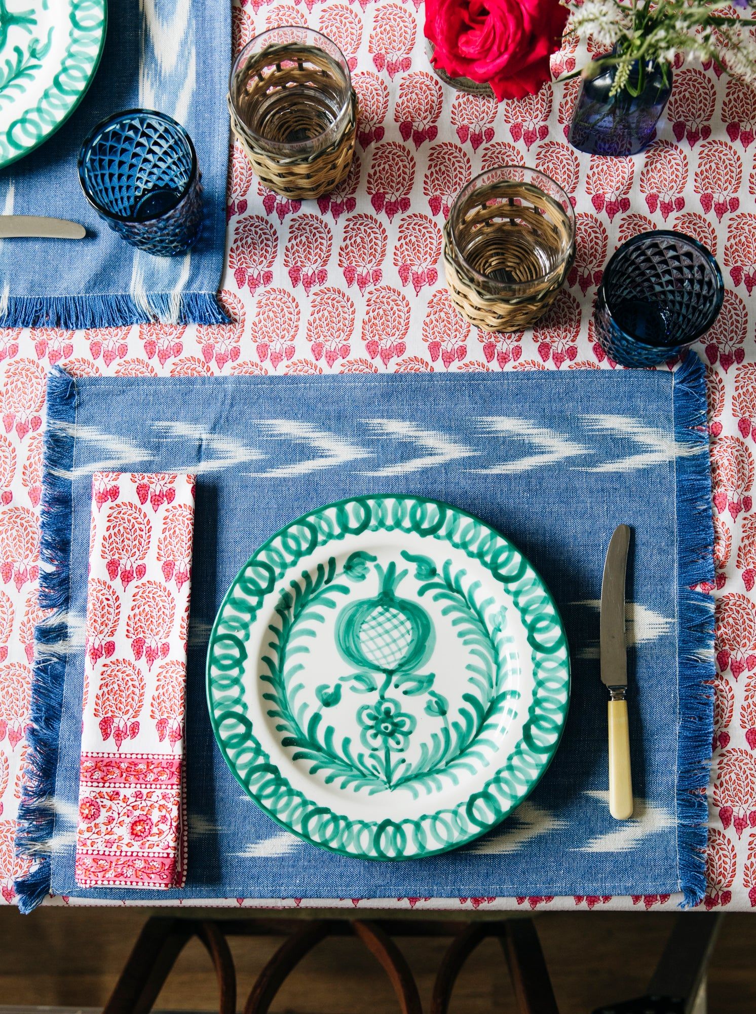 Fabric Placemat - Chambray With Three Ikat Chevron Stripes