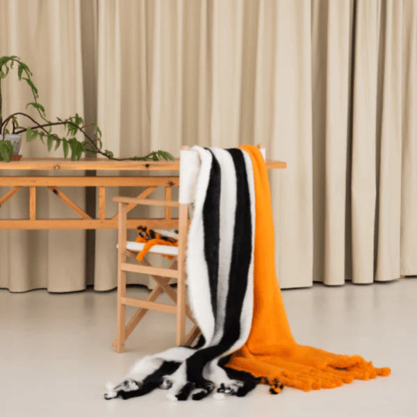 Viso Mohair Blanket Black Orange & White Horizontal Stripes
