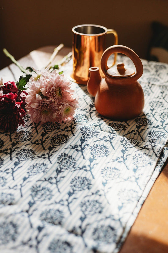 Nikhar Linen Hand-Printed Runner - Azure Blue