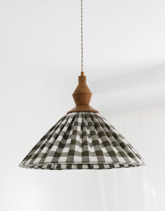 Olga Pleated Pendant Light in Khaki Check Fabric with Turned Wood Finish