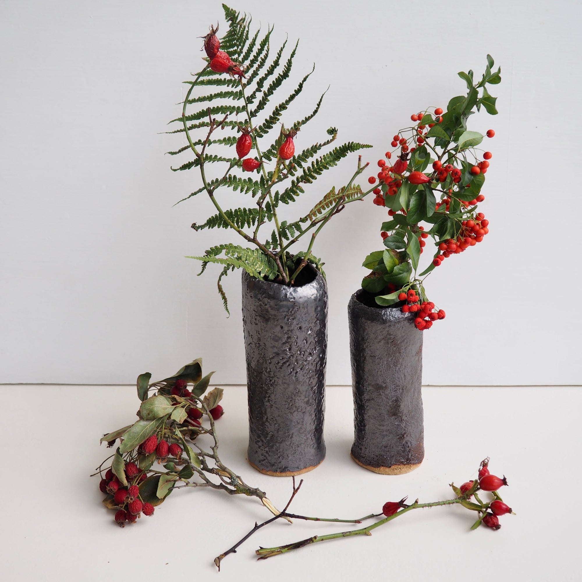 Handmade Black Metallic Pottery Cylinder Vases