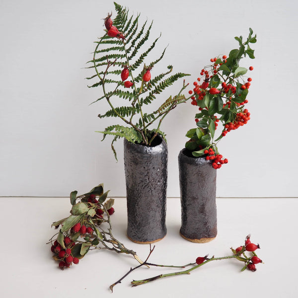 Handmade Black Metallic Pottery Cylinder Vases