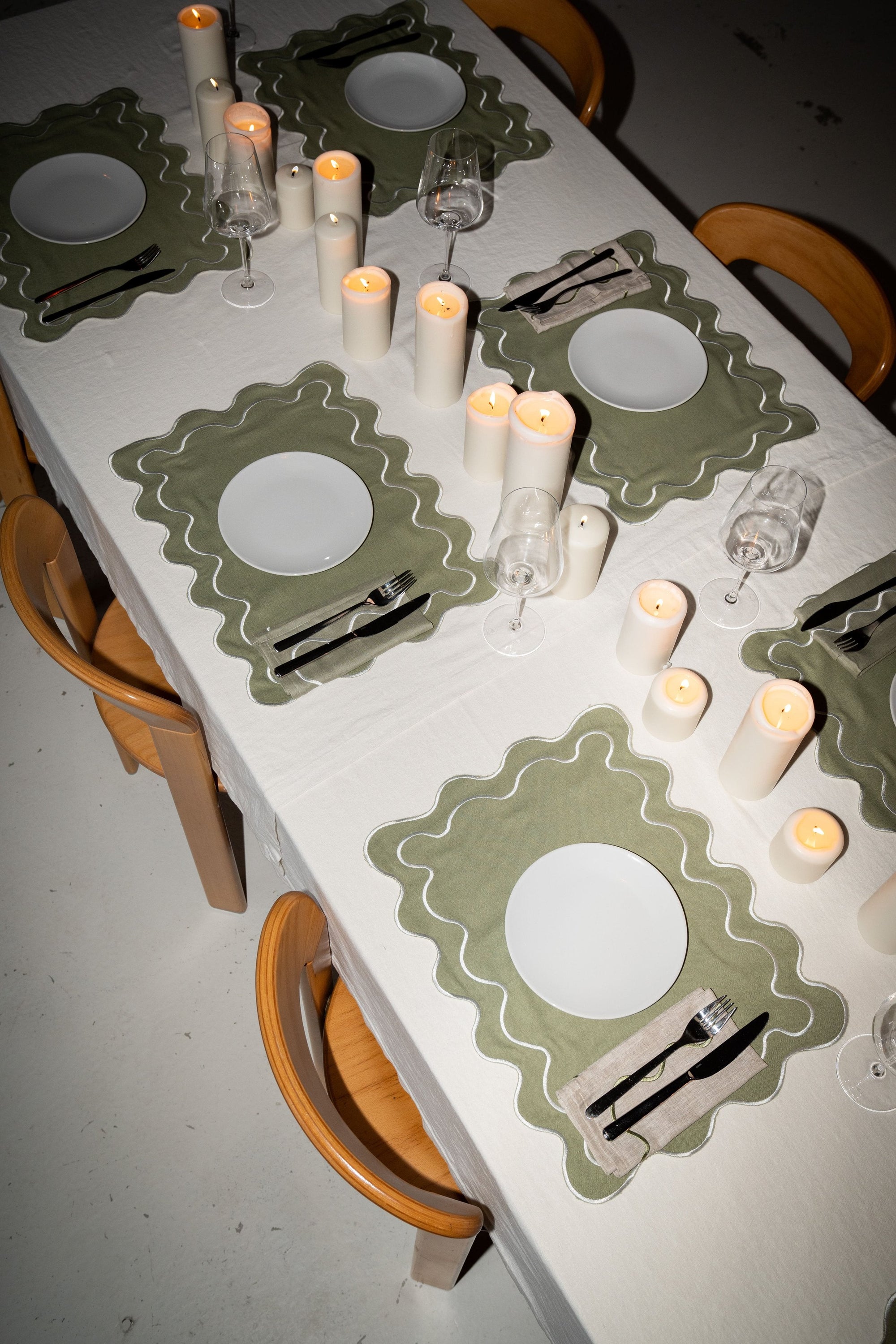 Wavy Linen Napkins Beige/Sage - Set of 2